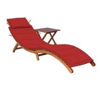Kaloriko Chaise Longue de Jardin en Bois d'acacia avec Coussin Rouge, Table et Dossier inclinable, Fauteuil Relax Pliable avec accoudoirs pour terrasse, Piscine, Balcon et Patio détente extérieur