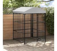 Kaloriko Chenil extérieur avec Toit, Niche enclos en Acier galvanisé Noir 150 x 150 x 210 cm, Parc pour Chiens, Porte à verrou, Protection Pluie Hiver, Usage Jardin et Dressage