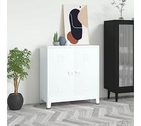 Kaloriko Coffre de rangement industriel blanc en acier 90 x 40 x 100 cm avec 2 étagères, porte-plaque nominative, fentes d'aération et pieds en plastique pour salon, chambre à coucher, couloir