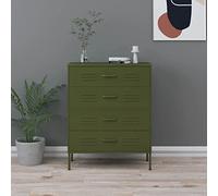 Kaloriko Commode vert olive en acier - 80 x 35 x 101,5 cm - Avec pieds réglables - Tiroirs avec roulement à billes - Espace de rangement - Buffet pour salon, chambre à coucher, couloir, bureau
