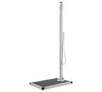 Kaloriko Douche de Jardin avec Base Gris 225 cm Acier Inoxydable et WPC, Douche d extérieur avec tête Cascade, douchette 1,5 m, Support en Laiton, pour Piscine Spa Jacuzzi et arrosage