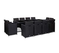 Kaloriko Ensemble à dîner d'extérieur 13 pcs en résine tressée Noire avec Coussins Polyester Amovibles, Table 225x109x74 cm et 12 chaises Confortables pour Patio, Balcon et Jardin