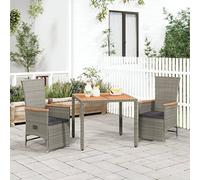 Kaloriko Ensemble à Manger de Jardin 3 pièces Coussins Gris en résine tressée, chaises inclinables avec dossiers réglables, Table en Acacia Massif, mobilier extérieur résistant pour Balcon Patio