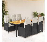 Kaloriko Ensemble bistro de jardin 7 pièces en polyrotin noir, fauteuils de relaxation réglables, table en bois d'acacia, coussins blanc crème, résistants aux UV, pour balcon, terrasse