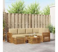Kaloriko Ensemble canapé d'angle en Bois d'acacia Massif Naturel avec Coussins Beige, mobilier modulable Complet 7 pièces pour Salon, séjour, terrasse et Jardin, Design résistant, Facile à Entretenir