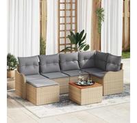 Kaloriko Ensemble canapé de Jardin modulaire 7 pcs Beige Gris Clair en Poly Rattan et Bois d'acacia Massif, Cadre Acier, résistant UV, 6 Places, Table et Pouf pour terrasse et Balcon