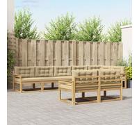 Kaloriko Ensemble canapé d'extérieur modulable 6 pièces Blanc Beige Polyester avec Coussins, Bois d'acacia Massif, Design à Lattes, Dimensions 406x168,5x73 cm, idéal Jardin terrasse Piscine
