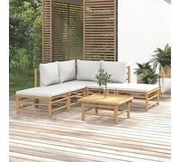 Kaloriko Ensemble de 6 pièces Salon de jardin, finition huile naturelle, coussins gris clair, ensemble de meubles d'extérieur modulaires, robustes et flexibles pour balcon et terrasse