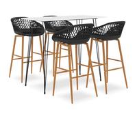 Kaloriko Ensemble de bar 5 pièces avec table de bar blanche en MDF et métal, 120 x 60 x 105 cm, 4 tabourets de bar noirs en polypropylène robuste avec dos en maille et pieds aspect bois pour jardin