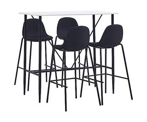 Kaloriko Ensemble de bar 5 pièces en tissu noir avec 1 table de bar 120 x 60 x 110 cm MDF et 4 chaises de bar avec repose-pieds rembourrées en métal revêtu par pulvérisation idéal pour salle à manger