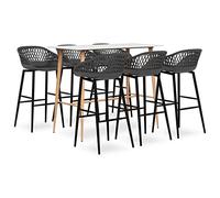 Kaloriko Ensemble de bar 7 pièces avec 1 table de bar en MDF métal blanc et 6 tabourets de bar gris PP revêtu par pulvérisation ergonomique aspect maille pour bar, jardin, restaurant, salle à manger