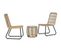 Kaloriko Ensemble de Bistro 3 pcs en résine tressée chêne avec Acier Robuste, Table en Verre 41,5 cm, 2 chaises Confortables pour Balcon et mobilier extérieur Patio Durable