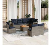 Kaloriko Ensemble de canapé de jardin 9 pièces gris avec rotin synthétique, 8 coussins d'assise avec housse amovible, salon modulaire pour terrasse, balcon et extérieur, résistant aux intempéries et