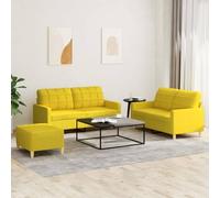 Kaloriko Ensemble de canapés 3 pièces avec Coussins Jaune Clair en Tissu Polyester, Structure métal et contreplaqué, canapé 2 Places, Pouf Polyvalent pour Salon séjour Confortable Moderne