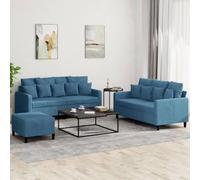 Kaloriko Ensemble de canapés 3 pièces Bleu Velours avec Coussins, Structure métal et contreplaqué, Dimensions 138x77x80 cm et 158x77x80 cm, Pouf Polyvalent pour Salon Moderne, Confort et Style
