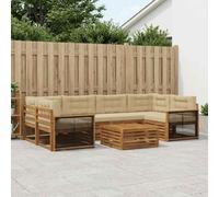 Kaloriko Ensemble de canapés d'extérieur 7 pcs en Bois d'Acacia Naturel et Beige, mobilier modulable Complet pour Jardin, terrasse, Salon ou séjour avec Coussins Confortables