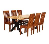 Kaloriko Ensemble de salle à manger 7 pièces en bois d'acacia massif et de manguier avec 6 chaises, pieds en acier revêtu par pulvérisation, 180 x 90 x 76 cm, salon stable pour repas et repas