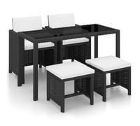 Kaloriko Ensemble mobilier Jardin 5 pièces en résine tressée Noire avec Coussins crème, Table en Verre, chaises, tabourets légers, idéal pour Balcon, terrasse et Repas d'extérieur Confortables