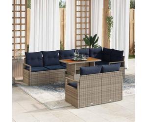 Kaloriko Ensemble mobilier Jardin 9 pièces modulable Gris et Marine en Poly Rattan avec Coussins, Bois d'acacia et Acier, idéal terrasse Balcon Patio Piscine pour détente et Repas Convivial