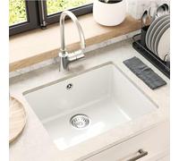 Kaloriko Évier blanc 530 x 460 mm en 80 % quartz et 20 % résine granit évier sous-meuble avec kit d'accessoires et filtre d'évacuation pour cuisines modernes, résistant à la chaleur et aux rayures