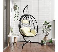 Kaloriko Fauteuil Suspendu balançoire hamac en polyrotin Noir avec Coussin Blanc crème et Armature Acier thermolaqué, Jardin extérieur terrasse Patio Balcon, détente jusqu'à 150 kg