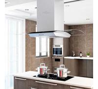Kaloriko Hotte îlot 90 cm en Acier Inoxydable avec Verre trempé, extracteur 756 m³ h, LED, 3 Vitesses, Filtre Charbon, évacuation ou Recyclage pour Cuisine Ouverte et Cuisson Moderne