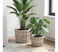 Kaloriko Kubu Lot de 2 pots de fleurs en rotin gris avec doublure imperméable, pour le rangement des plantes à l'intérieur et à l'extérieur, polyvalent comme décoration et solution de rangement dans