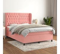Kaloriko Lit à sommier tapissier avec matelas, velours rose, 140 x 190 cm, tête de lit réglable en hauteur, matelas à ressorts ensachés, support moyennement dur, kit complet pour chambre à coucher
