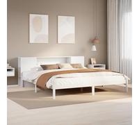 Kaloriko Lit Bibliothèque Blanc 200x200 cm, Bois de Pin Massif, Cadre de Lit Robuste avec Sommier à Lattes, Rangement Intégré, Meuble Chambre