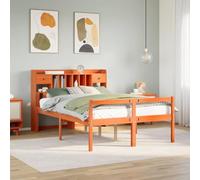 Kaloriko Lit Bibliothèque Pin Massif Cire Marron 140x190 cm, Cadre de Lit avec Rangement et Sommier à Lattes, Meuble de Chambre Robuste, Gain de Place
