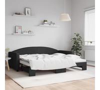 Kaloriko Lit de jour extensible, noir, 90 x 200 cm, en tissu, moderne, avec coffre à roulettes, cadre de lit polyvalent pour invités, design en métal et bois robuste, solution de sommeil confortable