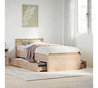 Kaloriko Lit en bois de pin massif, 75 x 190 cm, avec tête de lit, sommier à lattes et 2 tiroirs, cadre de lit robuste pour chambre à coucher, bois non traité
