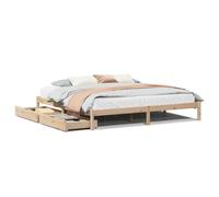 Kaloriko Lit en bois massif 200 x 200 cm en pin non traité, avec sommier à lattes, 2 tiroirs à roulettes, cadre de lit stable et durable, pour chambre à coucher, sans matelas