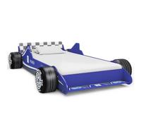 Kaloriko Lit pour enfant Motif voiture de course Bleu 90 x 200 cm avec cadre en MDF robuste, sommier à lattes et garde-corps de protection pour chambre d'enfant Confort et sécurité à partir de 4 ans