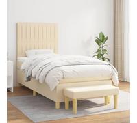 Kaloriko Lit Sommier à Lattes Crème 90x190 cm, Tissu Durable, Tête de Lit Réglable, Matelas Ressorts Ensachés, Banc Multifonctionnel, Meuble Chambre