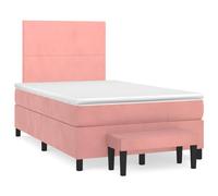 Kaloriko Lit Sommier à Lattes Rose 120x190 cm Velours, Tête de Lit Réglable, Matelas Ressorts Ensachés, Banc Assorti, Mobilier Chambre