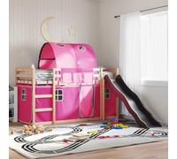 Kaloriko Lit Superposé Enfant Bois de Pin Massif 90x200 cm, Toboggan Amusant, Rideaux Roses, Barrières de Sécurité, Structure Stable pour Chambre