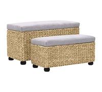 Kaloriko Lot de 2 bancs en jonc de mer gris avec rembourrage, espace de rangement et pieds en bois, 85 x 40 x 45 et 76 x 32 x 35 cm, idéal pour couloir, salon et chambre à coucher, peu encombrant et