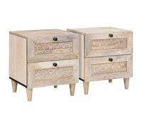 Kaloriko Lot de 2 tables de chevet - Beige - 40 x 33 x 46 cm - Bois massif d'acacia - Table d'appoint durable avec tiroir - Console de chevet pour chambre à coucher, salon, couloir