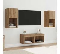 Kaloriko Lot de 4 étagères murales pour TV - En bois de chêne artisanal - Avec éclairage LED et portes en verre - 30,5 x 30 x 60 cm - Pour le salon