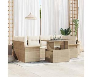 Kaloriko Lot de 7 canapés de jardin avec coussins beige en polyrotin modulaire résistant aux UV avec fonction de rangement pour terrasse et jardin, 6 places