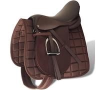 Kaloriko Lot de selle d'équitation - En cuir véritable - Marron - 18 cm - 5 en 1 - Avec housse de selle, étriers et sangle - Polyvalent - Pour entraînement en plein air, tournoi, équitation