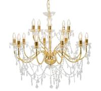 Kaloriko Lustre Suspension doré à 2 Couches, luminaire Plafond avec 15 Douilles E14, Cristal et Perles acryliques, 80 x 74 cm, pour Salon Salle a Manger Chambre Bureau Ambiance Vintage Interieur