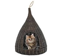 Kaloriko Maison pour chat avec coussin gris en osier naturel 40 x 60 cm Tipi avec passant, meuble à gratter d'intérieur pour chaton, lit stable pour chat, grotte de couchage et entretien des griffes