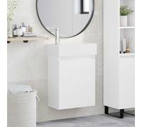 Kaloriko Meuble de lavabo de salle de bain avec robinet blanc, meuble de lavabo mural, armoire de salle de bain avec étagère, commode de rangement, mitigeur pour salle de bain, design moderne