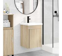 Kaloriko Meuble de Salle de Bain chêne Sonoma avec lavabo, Robinet Noir intégré, Rangement Suspendu Compact, Armoire avec Porte réversible, système d’évacuation à Poussoir pour Mural