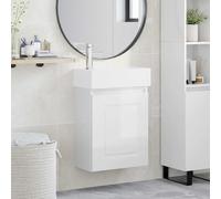 Kaloriko Meuble sous lavabo de salle de bain blanc brillant avec robinet, montage mural, compact, 45,5 x 22,5 x 84 cm, lavabo en céramique, espace de rangement, porte réversible pour salle de bain et