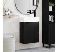 Kaloriko Meuble sous lavabo de salle de bain en chêne noir avec lavabo et robinet, meuble en bois avec espace de rangement, porte réversible, bonde poussoir, montage mural pour salle de bain