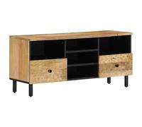 Kaloriko Meuble TV 100 x 33 x 46 cm, bois massif mangue, meuble multimédia robuste avec pieds en fer, idéal pour salon, chambre à coucher, durable