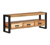 Kaloriko Meuble TV 120 x 30 x 45 cm en bois massif d'acacia avec 3 tiroirs et compartiment ouvert, support TV robuste pour salon, design industriel